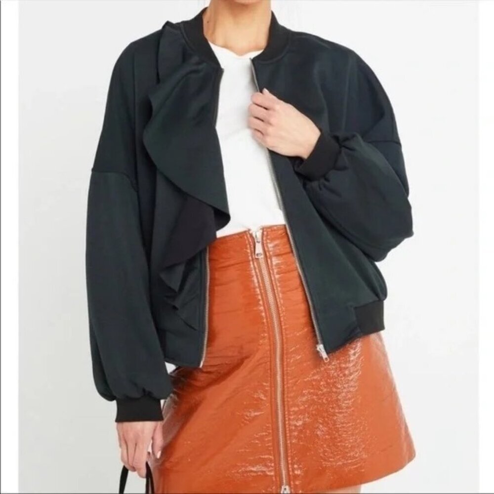 Few Moda Size L Green Ruffle Front Bomber Jacket Black Ribbed Trim Oversized Fit - Picture 3 of 5